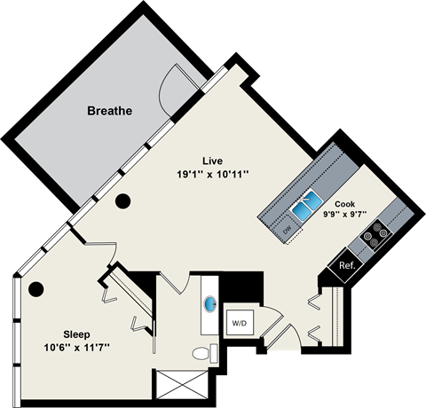 A floor plan of a house with a living room, a bedroom, and a bathroom.